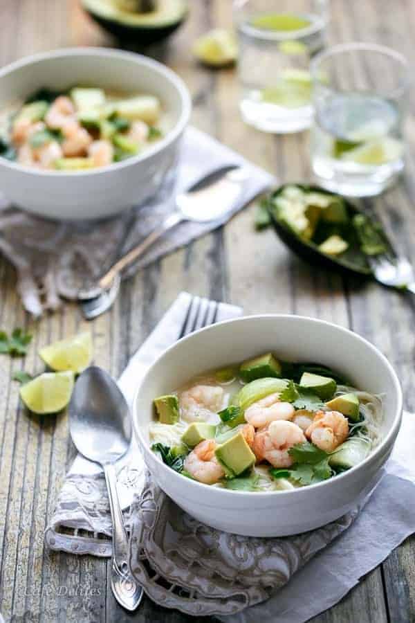 fried to crispy perfection in a Thai flavoured Coconut broth with a hint of Lemongrass Thai Style Prawn (Shrimp) and Avocado Noodle Bowls