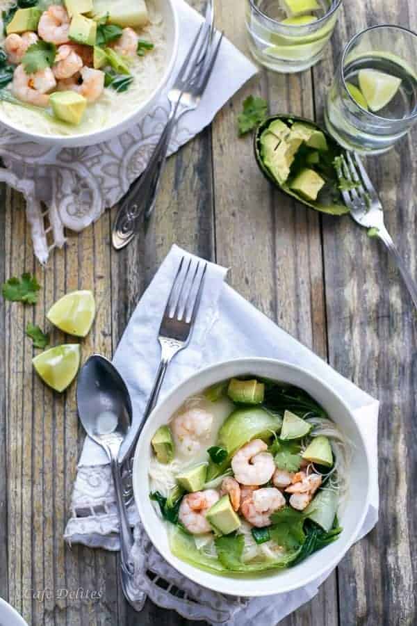 fried to crispy perfection in a Thai flavoured Coconut broth with a hint of Lemongrass Thai Style Prawn (Shrimp) and Avocado Noodle Bowls