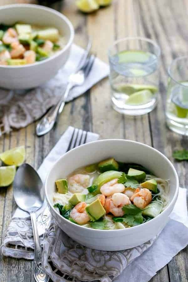 fried to crispy perfection in a Thai flavoured Coconut broth with a hint of Lemongrass Thai Style Prawn (Shrimp) and Avocado Noodle Bowls