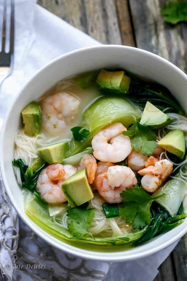 fried to crispy perfection in a Thai flavoured Coconut broth with a hint of Lemongrass Thai Style Prawn (Shrimp) and Avocado Noodle Bowls