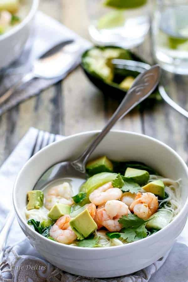 fried to crispy perfection in a Thai flavoured Coconut broth with a hint of Lemongrass Thai Style Prawn (Shrimp) and Avocado Noodle Bowls