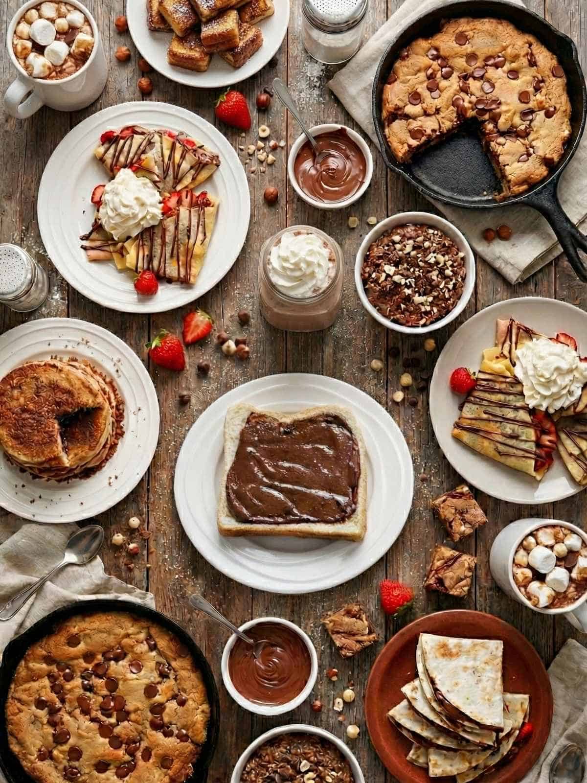a top down view of a table with all the nutella recipes on plates scattered over the table - 1