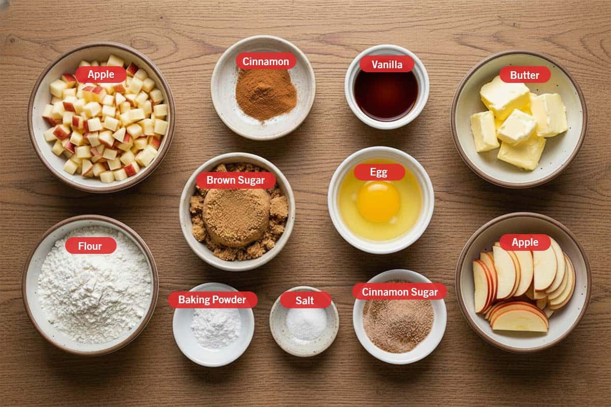 Top shot of ingredients: apple, cinnamon, vanilla, butter, brown sugar, egg, flour, baking powder, salt, cinnamon sugar, and apple. - 2