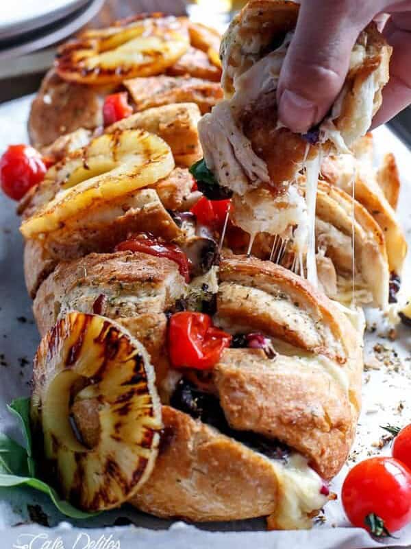 Barbecue Chicken Pizza Stuffed Pull Apart Bread on a baking tray