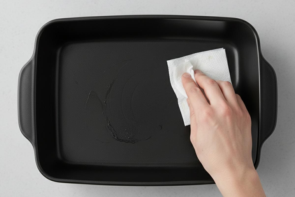 Lightly greased baking dish and a hand with paper towel wiping the excess oil.
