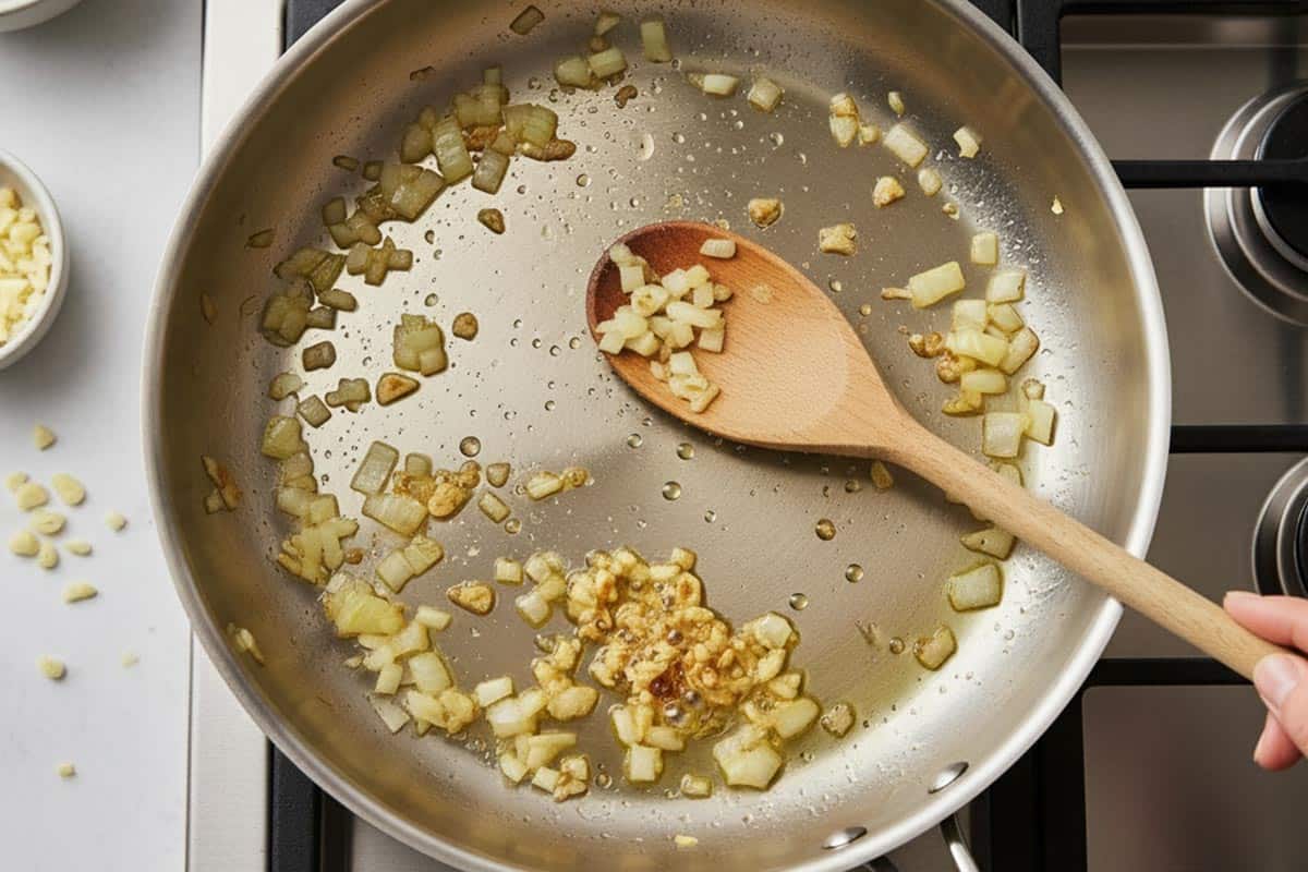 Sautéing the onion and garlic in a pan.