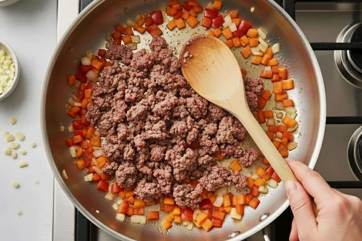 Added the diced carrot, capsicum and the ground beef in the pan.