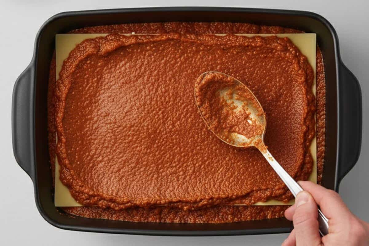 Spreading the sauce over the lasagna sheets.