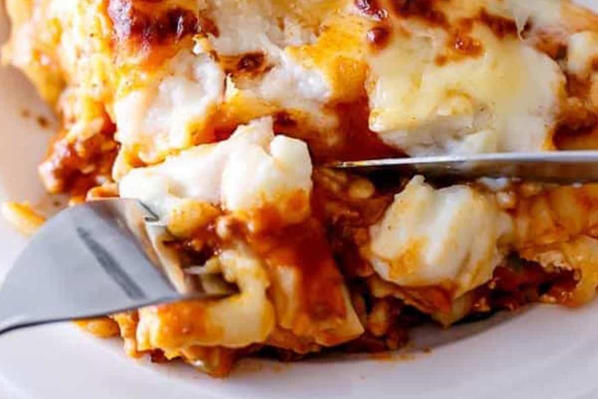 Close-up shot of Beef And Pumpkin Lasagna.