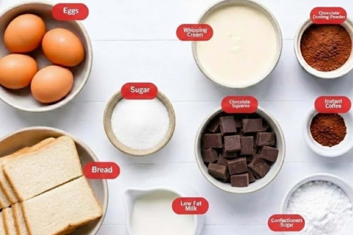Flat lay photo of ingredient shot of eggs, whipping cream, chocolate dusting powder, instant coffee, chocolate squares, confectioners sugar, low far milk, bread - 2