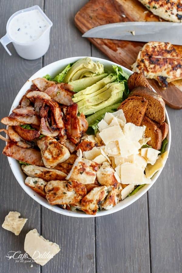 Skinny Chicken and Avocado Caesar Salad | https://cafedelites.com