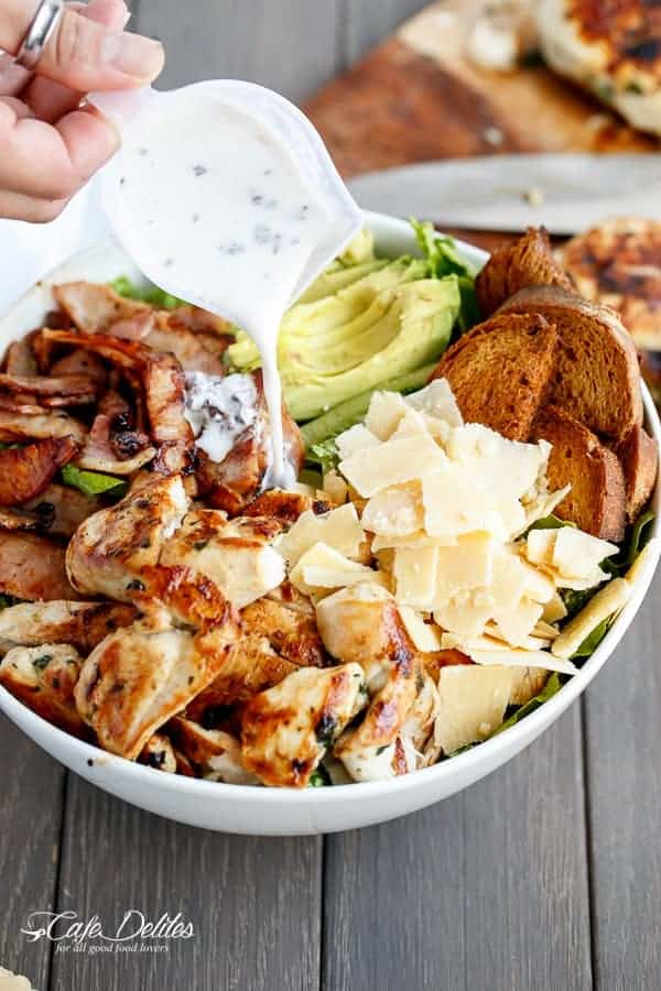 Skinny Chicken and Avocado Caesar Salad | https://cafedelites.com