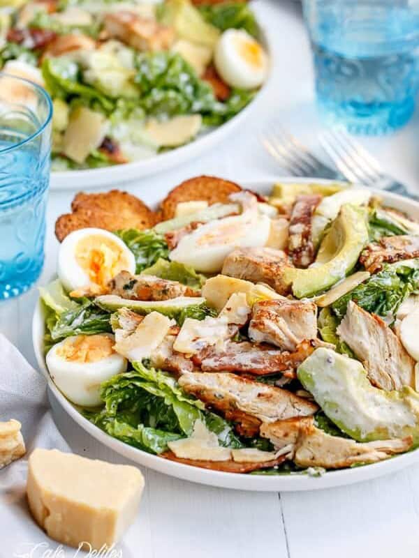 Skinny Chicken and Avocado Caesar Salad on a platter