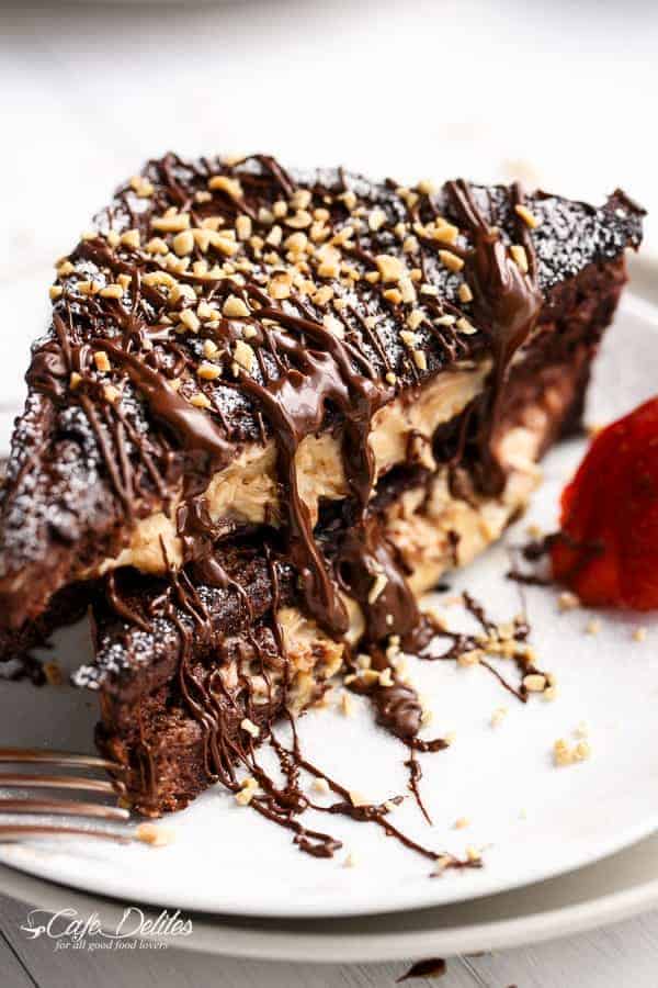 Peanut Butter Cheesecake Stuffed Chocolate Brownie French Toasts | https://cafedelites.com