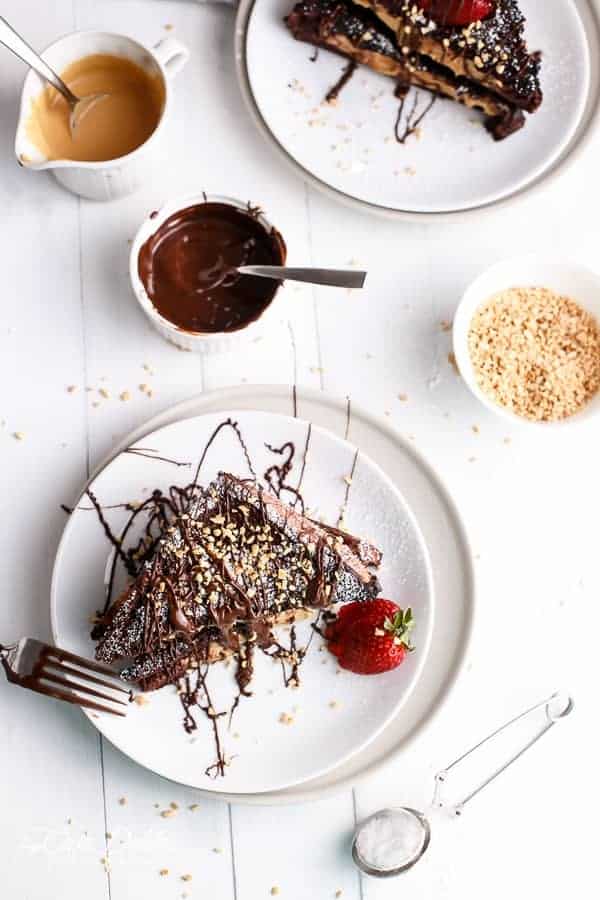 Peanut Butter Cheesecake Stuffed Chocolate Brownie French Toasts | https://cafedelites.com