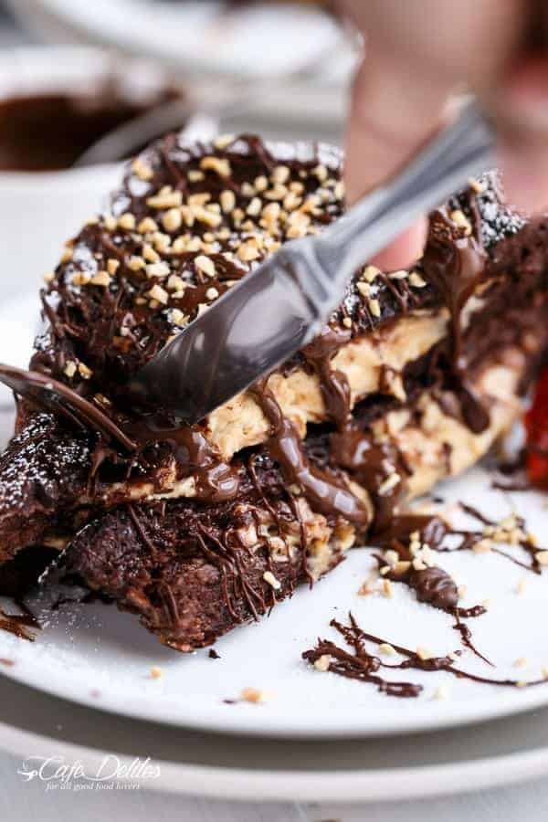 Peanut Butter Cheesecake Stuffed Chocolate Brownie French Toasts | https://cafedelites.com