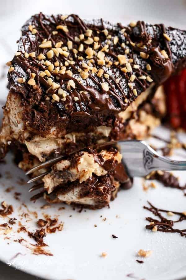 Peanut Butter Cheesecake Stuffed Chocolate Brownie French Toasts | https://cafedelites.com