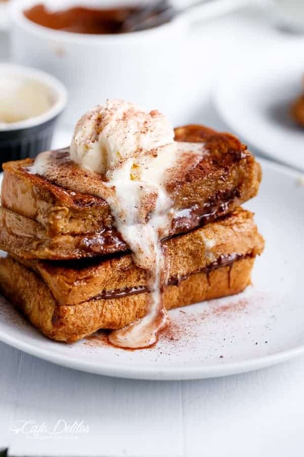 Cappuccino French Toast Stuffed With Melted Chocolate and Topped with Coffee Cream Cappuccino French Toast with Coffee Cream