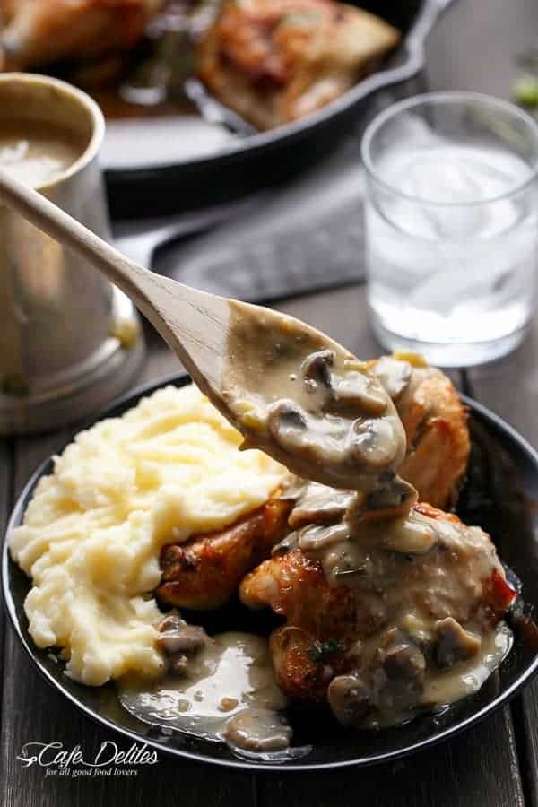 Crispy Beer Chicken with Drunken Creamy Mushroom Gravy | https://cafedelites.com