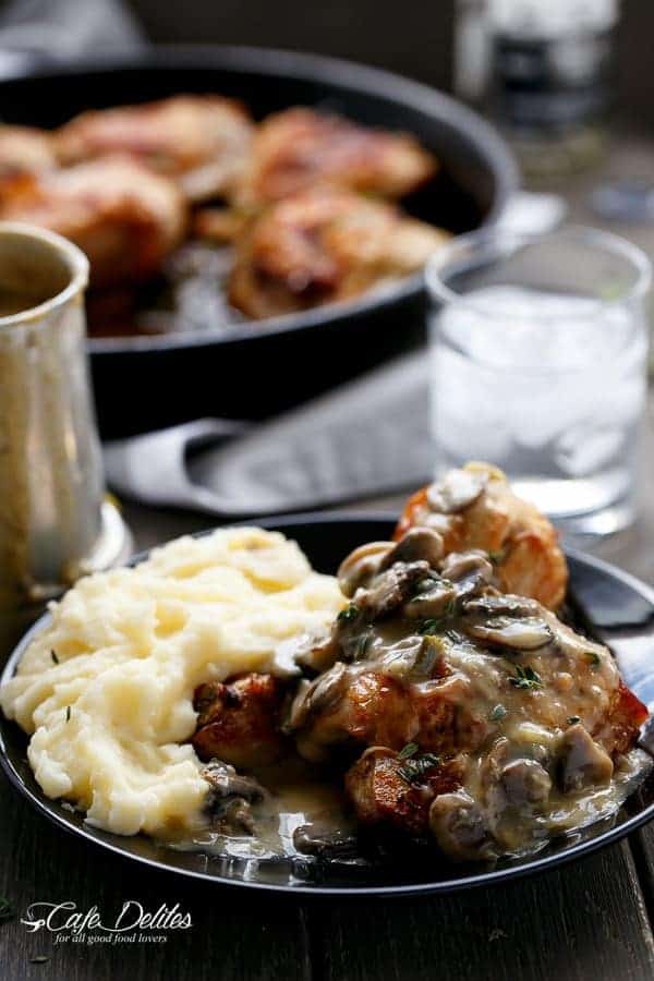 Crispy Beer Chicken with Drunken Creamy Mushroom Gravy | https://cafedelites.com