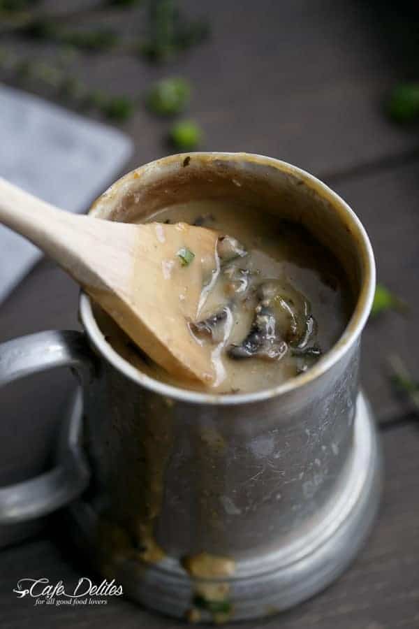 Crispy Beer Chicken with Drunken Creamy Mushroom Gravy | https://cafedelites.com