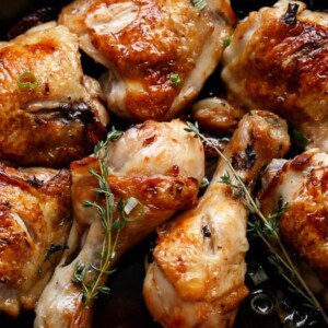 Crispy Beer Chicken with Drunken Creamy Mushroom Gravy in a pan