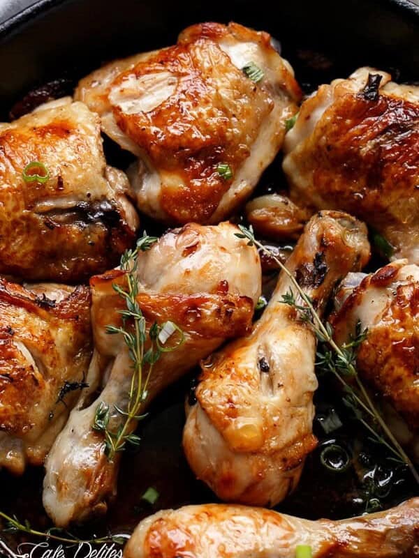 Crispy Beer Chicken with Drunken Creamy Mushroom Gravy in a pan