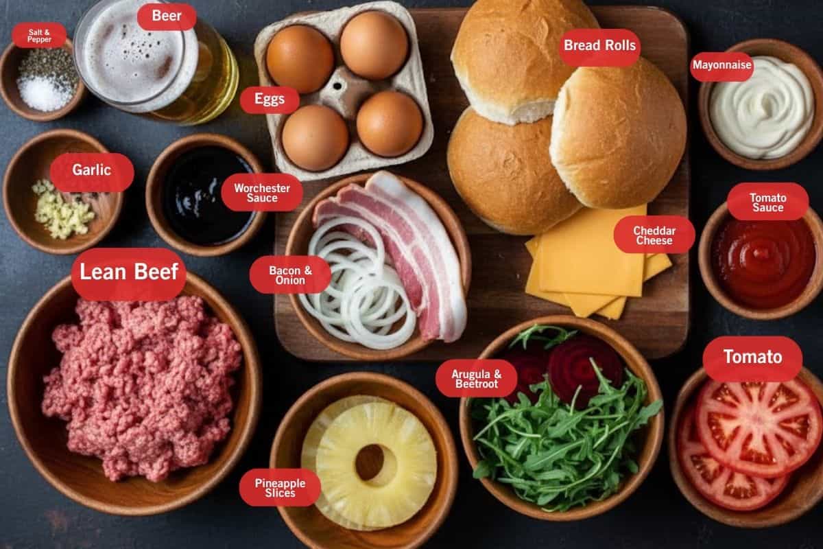 Flat lay photo of ingredient shot of salt and pepper. beer, eggs, bread rolls, cheddar cheese, mayonnaise, tomato sauce, arugula and beetroot, tomato, pineapple slices, lean beef, garlic, Worcester sauce