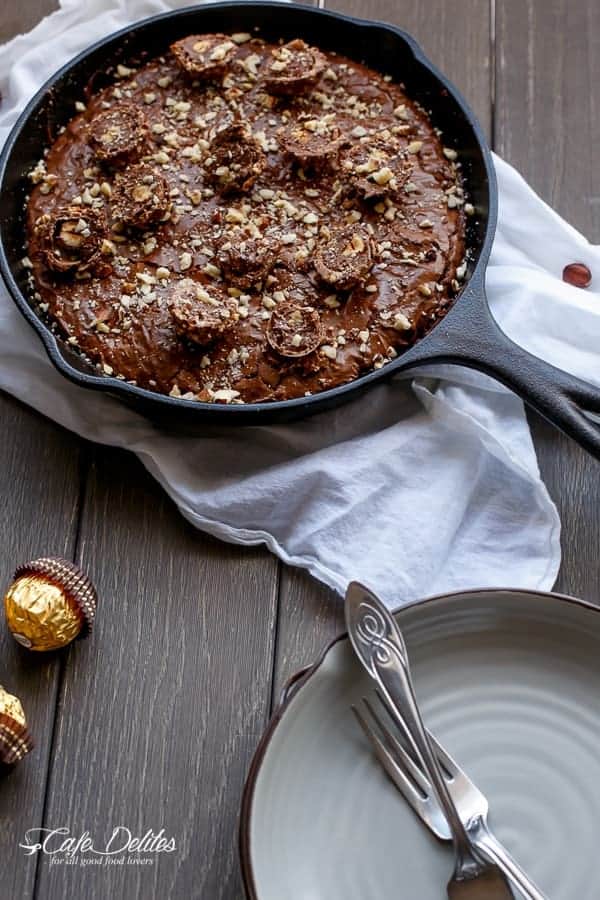 Ferrero Rocher Deep Dish Skillet Brownie Cookie | https://cafedelites.com