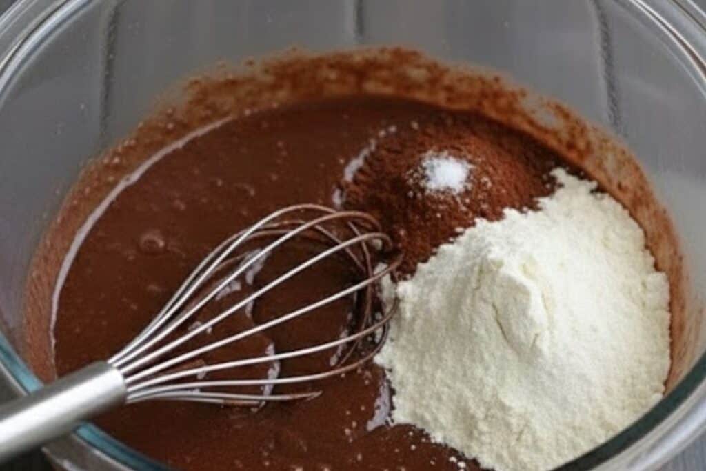 Stir in flour, cocoa powder, and salt until just combined - 6