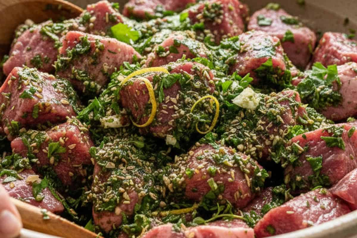 Marinated the lamb with olive oil, thyme, parsley, oregano, crushed garlic, and lemon juice.