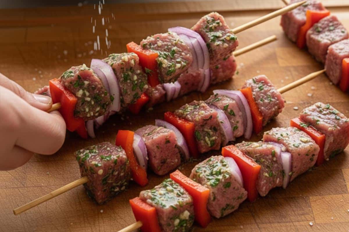 Threaded the lamb, red onion, and bell pepper onto each skewer