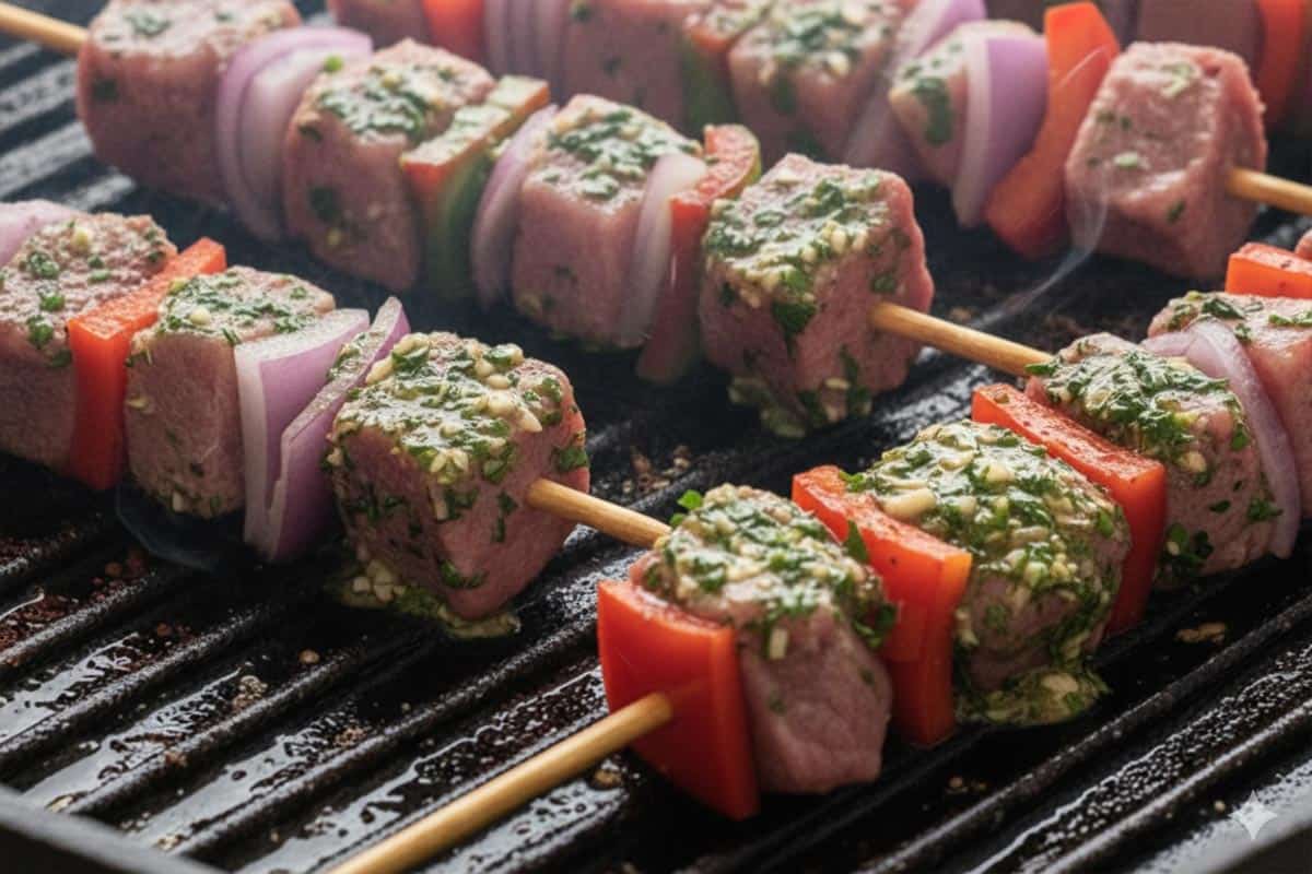 Grilling the skewers.