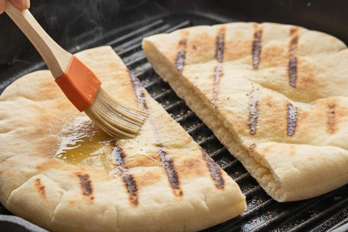 Brushing pita halves with olive oil.