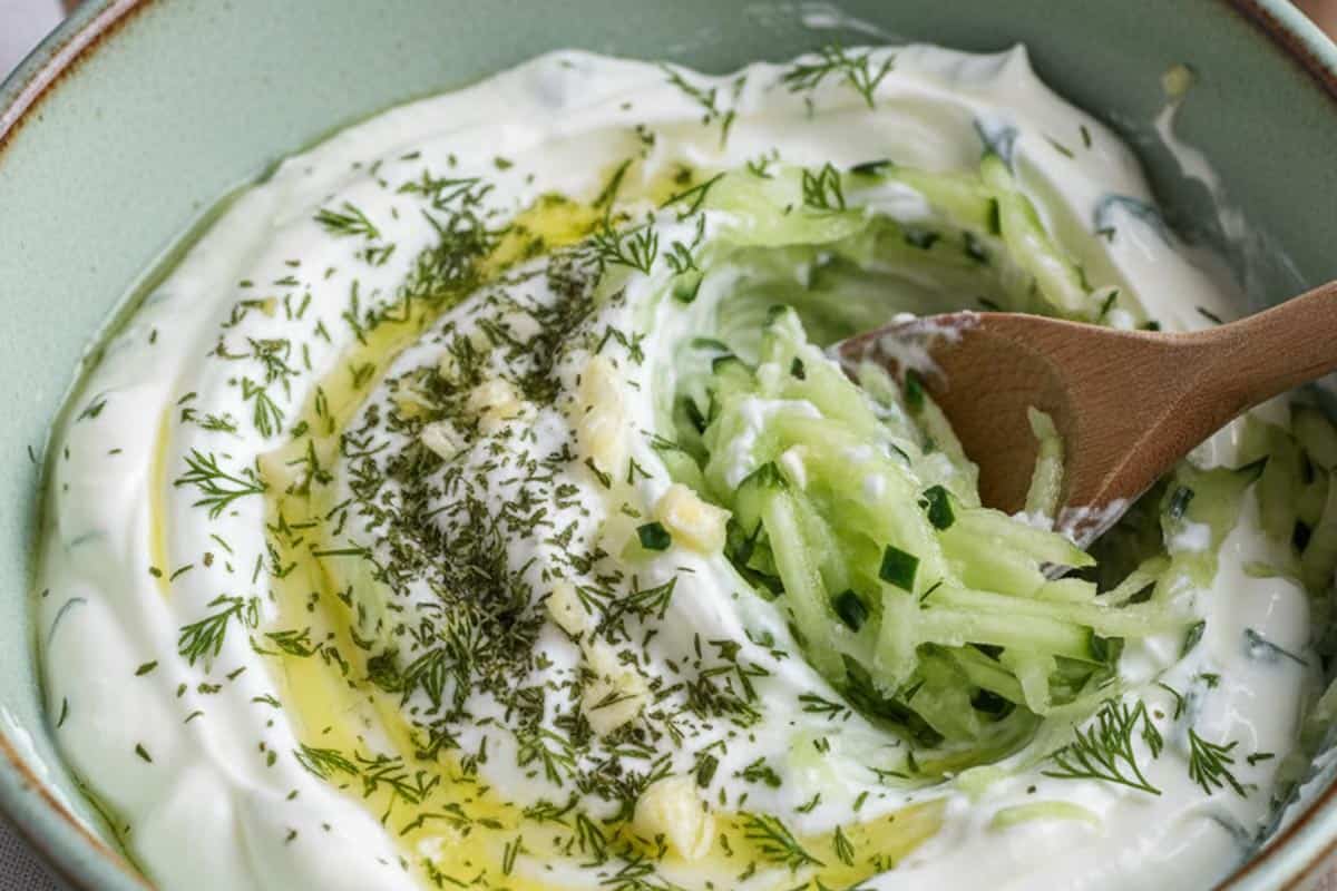 Combined grated cucumber, crushed garlic, dill, Greek yogurt, lemon juice, and a pinch of salt in a bowl.