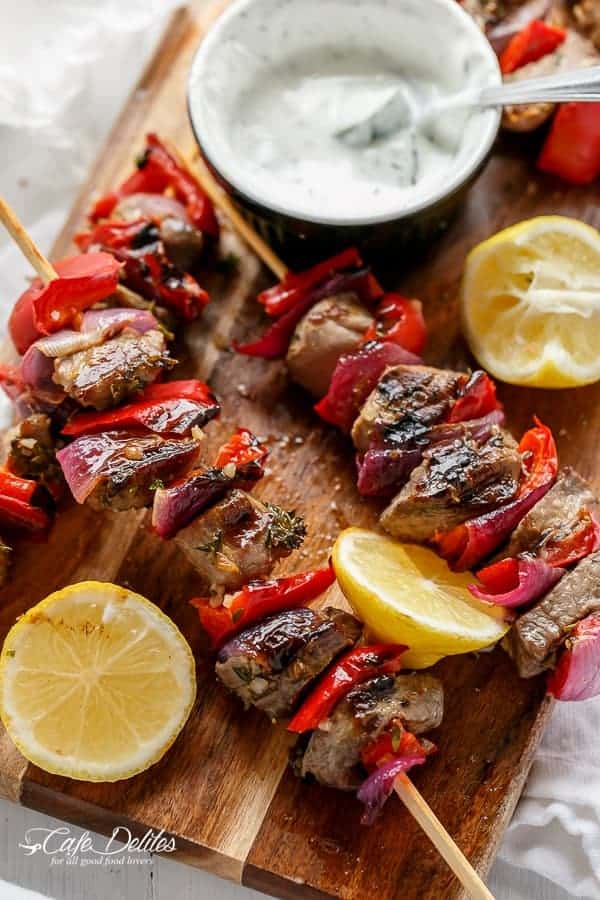 Greek Lamb Souvlaki with a Garlic Yogurt Dip | https://cafedelites.com