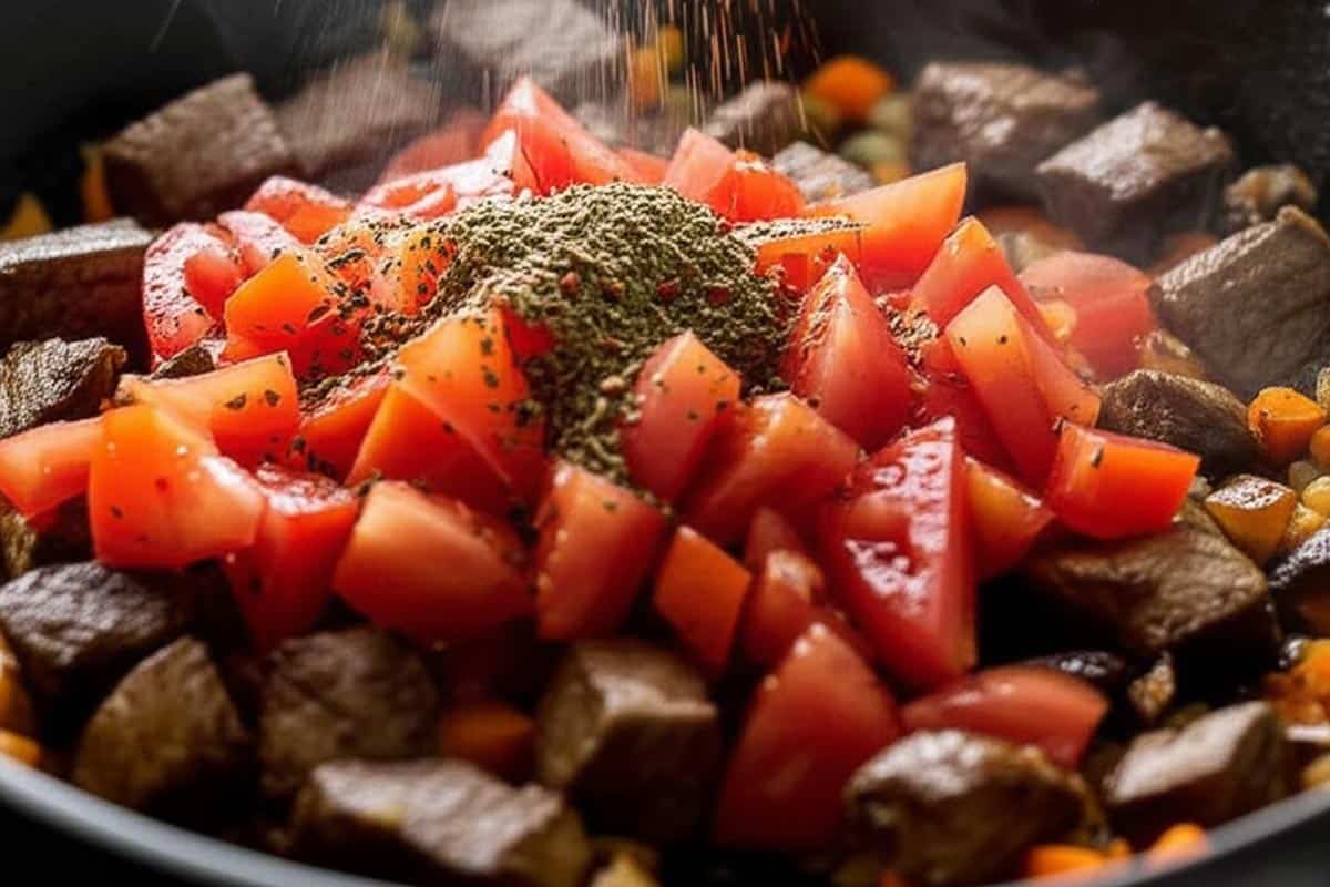 Seared lamb with chopped tomatoes, and sprinkled oregano, thyme, and crushed red chilli flakes.