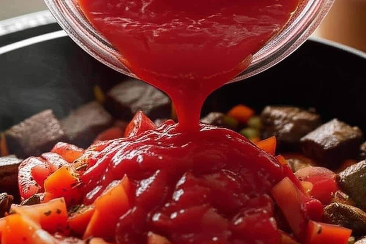 Pouring in the passata.