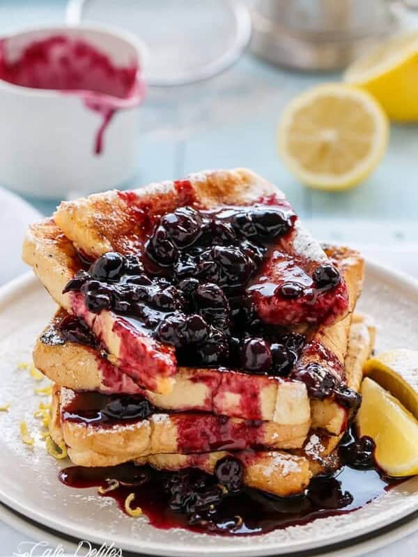 Lemon Blueberry French Toast with blueberry jelly on top