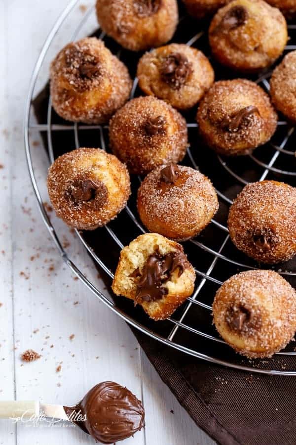 Nutella Churro Donut Holes | https://cafedelites.com