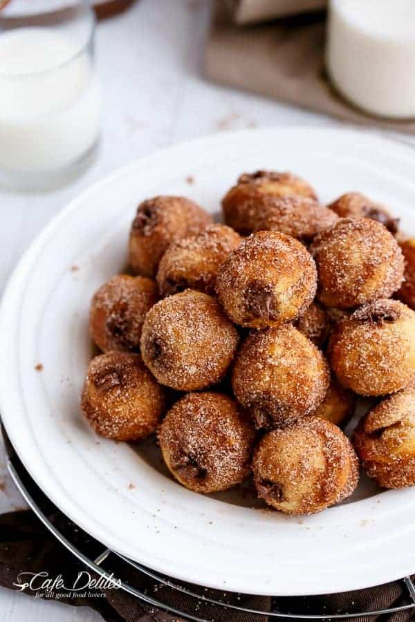Nutella Churro Donut Holes | https://cafedelites.com