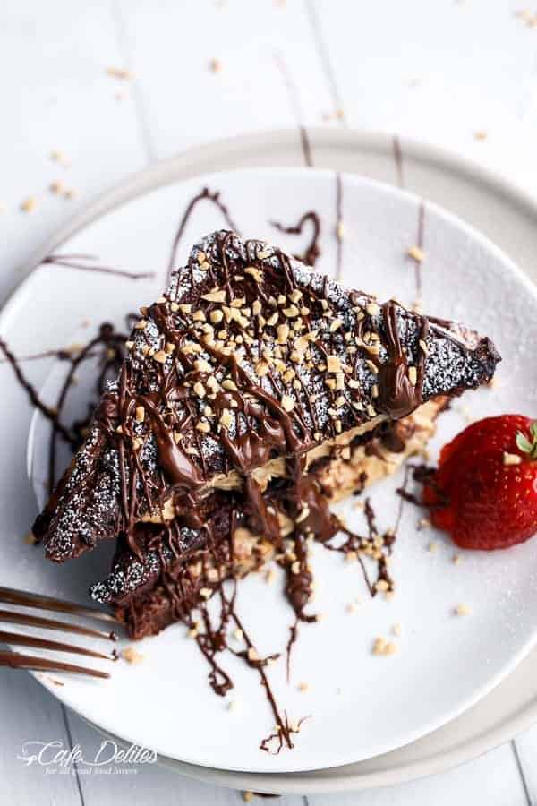 Peanut Butter Cheesecake Stuffed Chocolate Brownie French Toasts | https://cafedelites.com