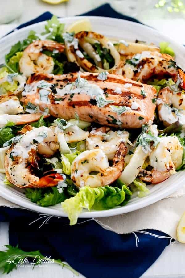 Seafood Salad with Garlicky Greek Yogurt Dressing | https://cafedelites.com