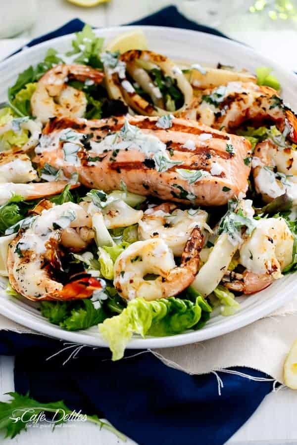 barbecued seafood salad with garlicky greek yogurt dressing