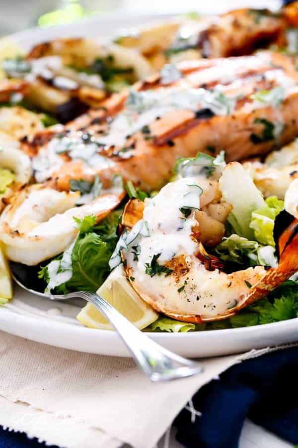 Barbecued Seafood Salad with Garlicky Greek Yogurt Dressing | https://cafedelites.com