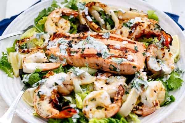 Barbecued Seafood Salad with Garlicky Greek Yogurt Dressing for Two Barbecued Seafood Salad with Garlicky Greek Yogurt Dressing