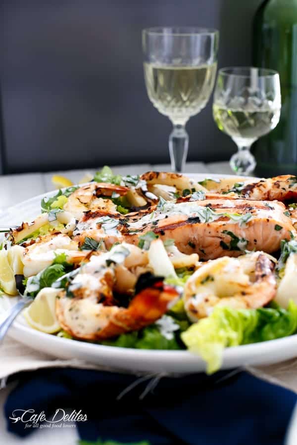 Barbecued Seafood Salad with Garlicky Greek Yogurt Dressing | https://cafedelites.com