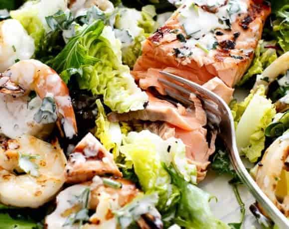 Barbecued Seafood Salad with Garlicky Greek Yogurt Dressing | https://cafedelites.com