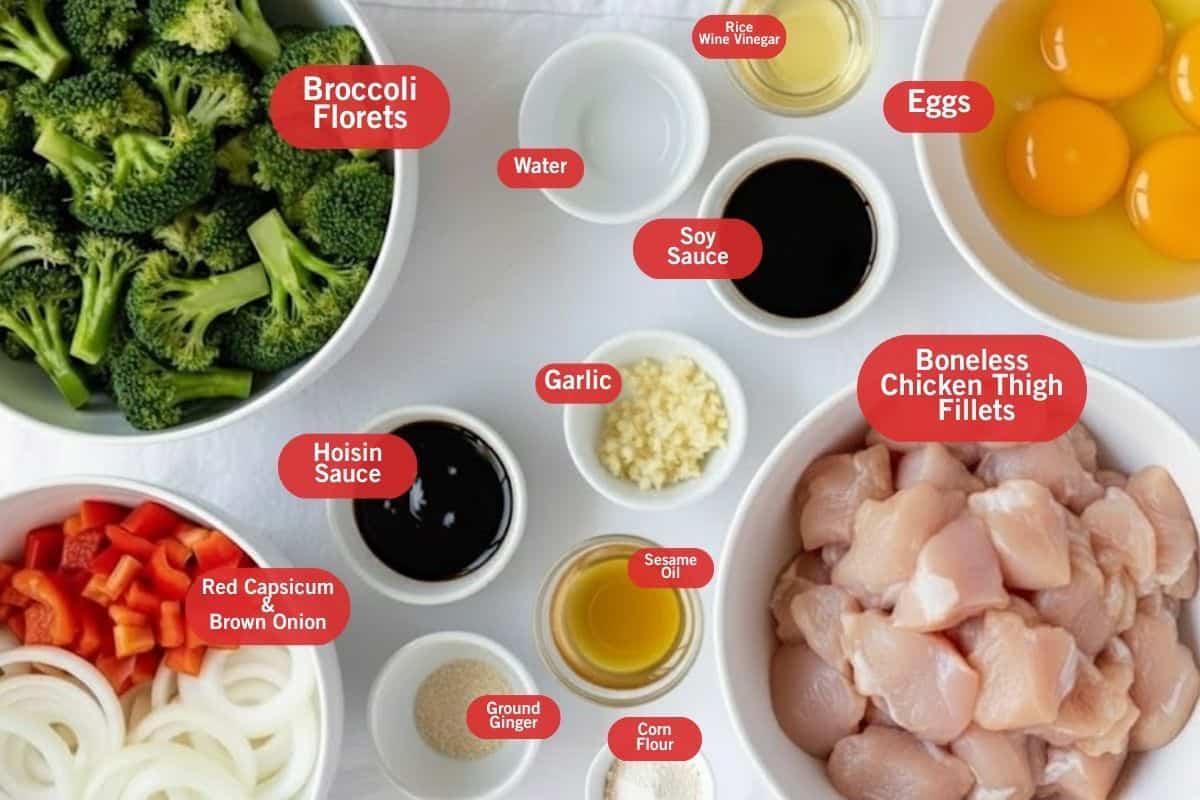 Flat lay photo of  ingredient shot of broccoli florets, water, rice wine vinegar, eggs, soy sauce, boneless chicken thigh fillets, sesame oil, ground ginger, corn flour, red capsicum and brown onion, garlic, water
