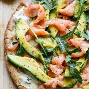 Smoked Salmon and Avocado Pizza on a pan